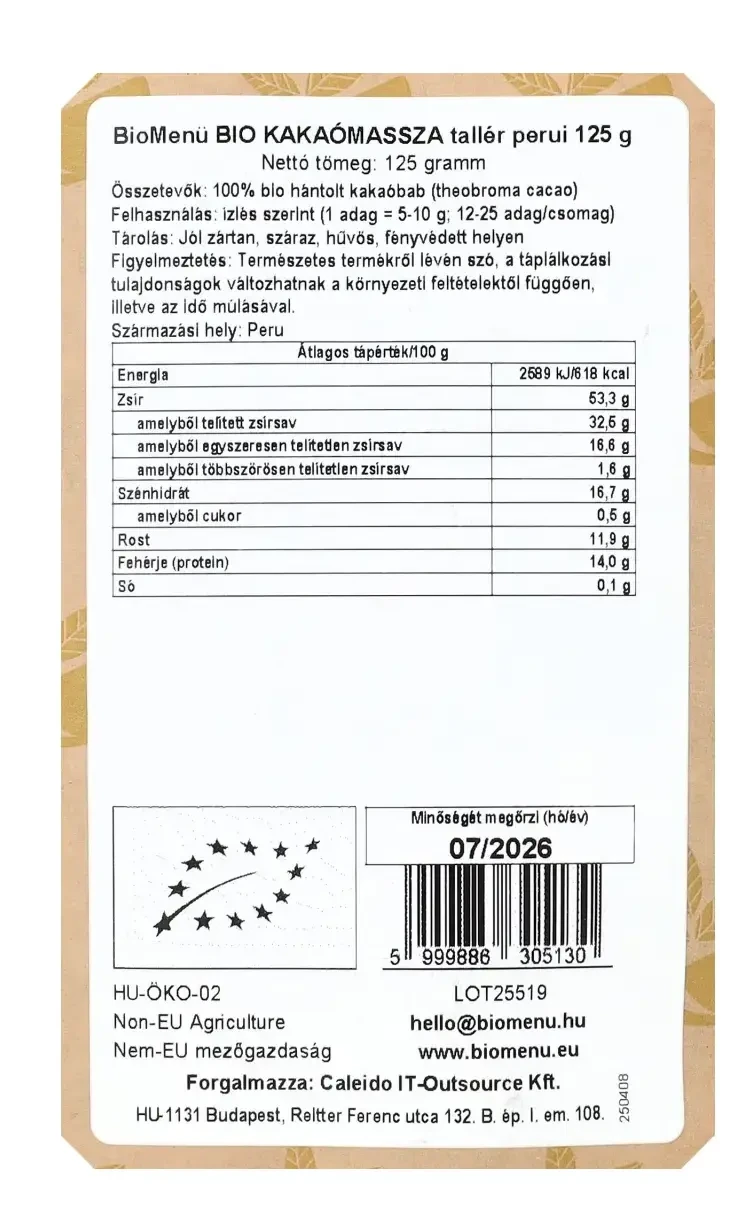 BioMenü BIO KAKAÓMASSZA tallér perui 125 g