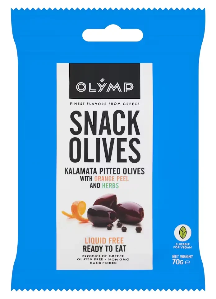 OLYMP Snack Olives Fűszerezett, magozott kalamata olajbogyó narancshéjjal 70g