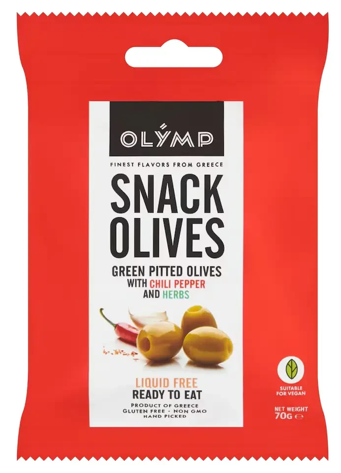 OLYMP Snack Olives Zöld Magozott Olajbogyó Chili Paprikával és Gyógynövényekkel 70g