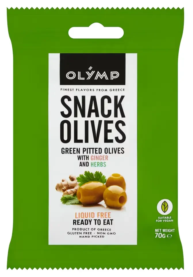 OLYMP Snack Olives Zöld Magozott Olajbogyó Gyömbérrel és Gyógynövényekkel 70g