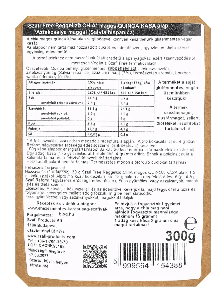 Szafi Free vaníliás chia magos quinoa kása alap (gluténmentes) 300g