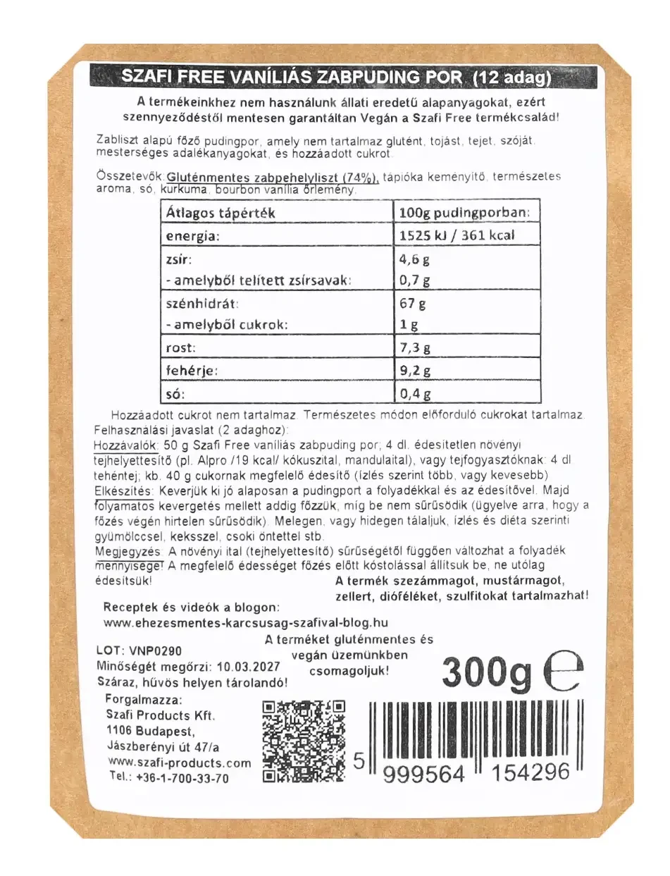 Szafi Free vaníliás zabpuding por (gluténmentes) 300 g