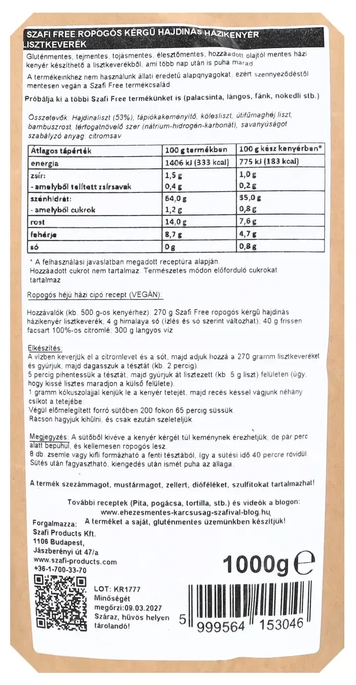 Szafi Free ropogós kérgű hajdinás házikenyér lisztkeverék 1000g