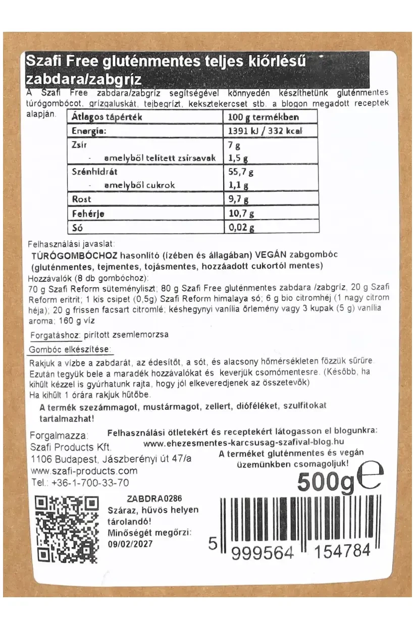 Szafi Free zabdara/zabgríz (gluténmentes) 500g