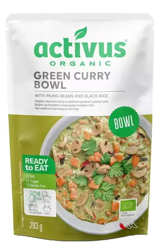 ACTIVUS BIO ZÖLD CURRY TÁL MUNGÓBABBAL ÉS FEKETE RIZZSEL 283g