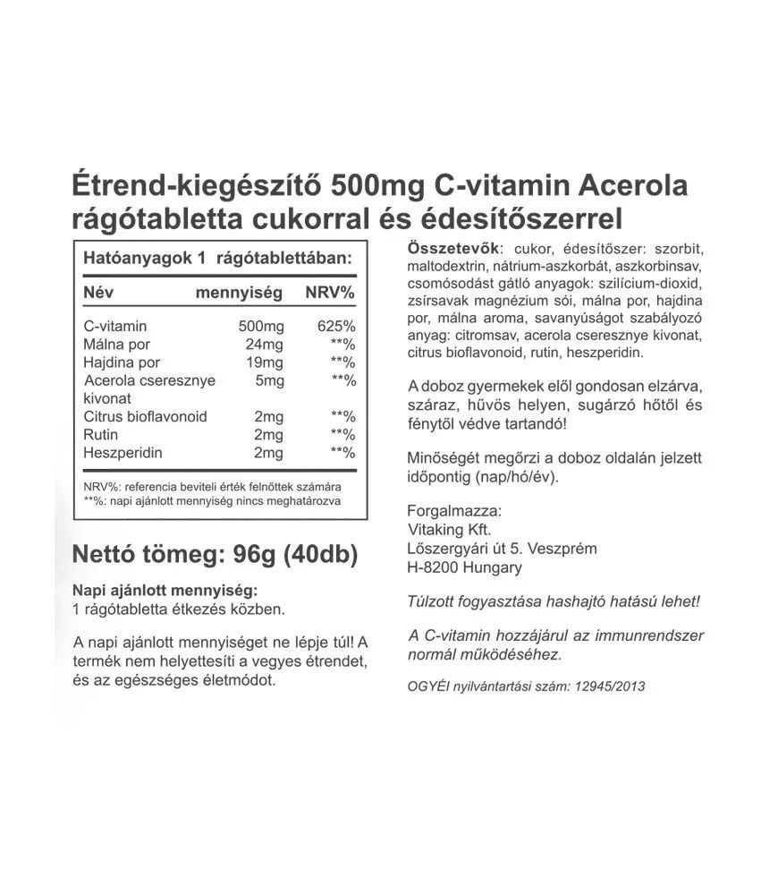 Vitaking Acerola C-500 rágótabletta 40 db édesítővel