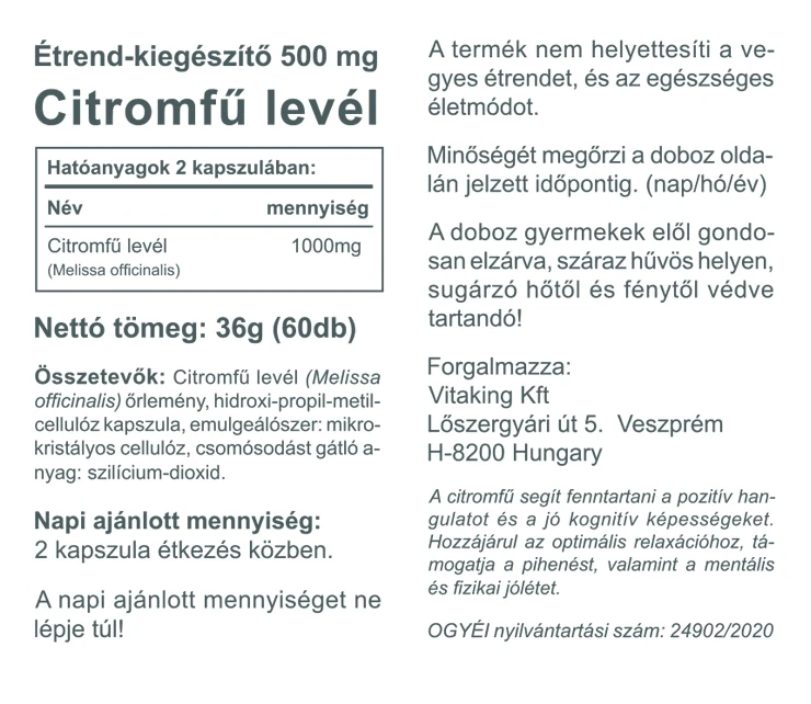 Vitaking Citromfű Lemon Balm 1000 mg 60db