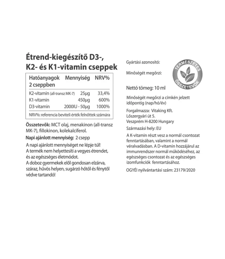 Vitaking D3+K2+K1 vitamin csepp 10ml