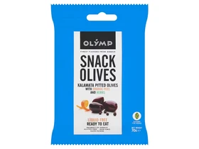 OLYMP Snack Olives Fűszerezett, magozott kalamata olajbogyó narancshéjjal 70g OLYMP Snack Olives Fűszerezett, magozott kalamata olajbogyó narancshéjjal 70g