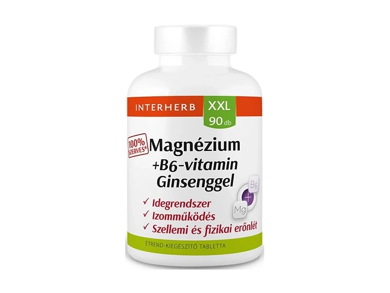 Interherb XXL Magnézium+B6-vitamin+Ginsenggel 100% szerves tabletta 90db