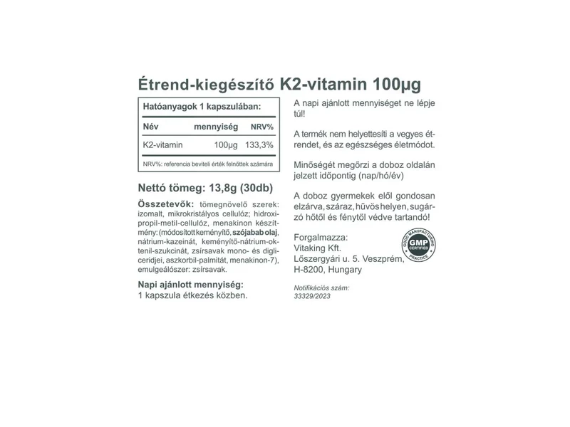 Vitaking K2 vitamin kapszula 90 µg 30db