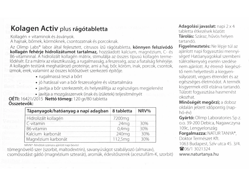Kollagén 7200 mg Aktív Plus rágótabletta 80 db (Natur Tanya)