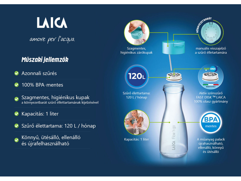 Laica Flow 'n go 1 literes instant vízszűrő palack 1 db FAST DISK szűrőbetéttel