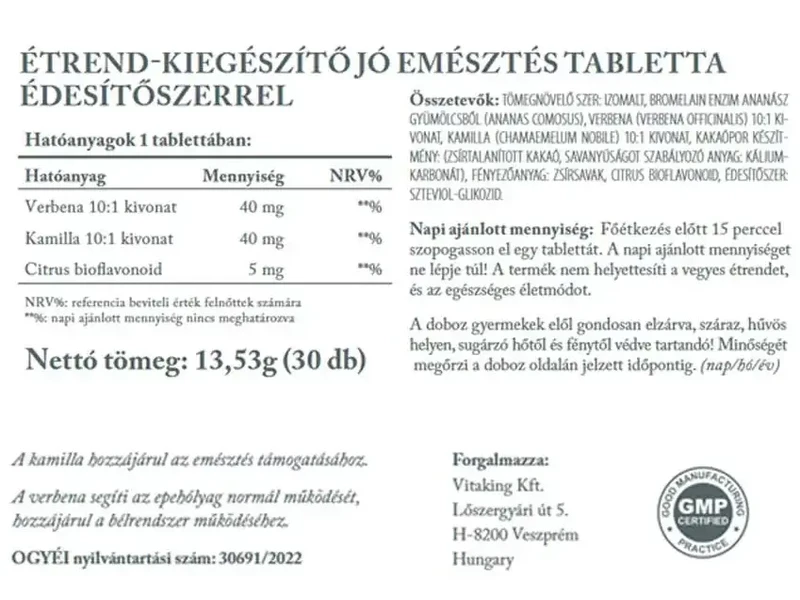 Vitaking Jó emésztés tabletta 30 db