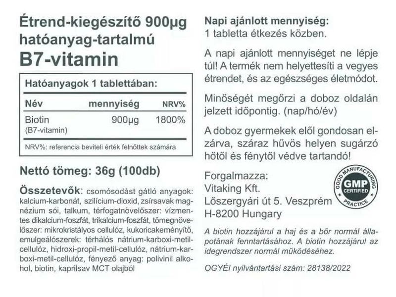 Vitaking Biotin 100db 900µg