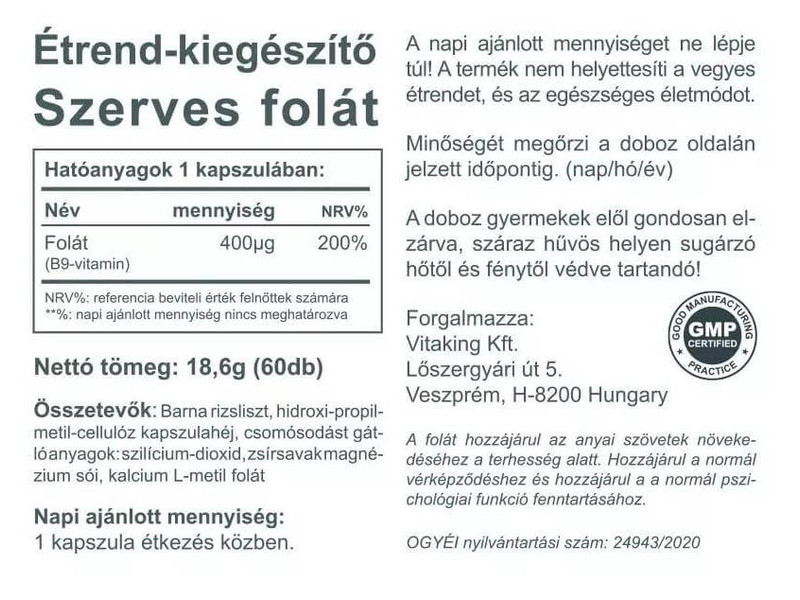 Vitaking Szerves Folát 400μg 60db