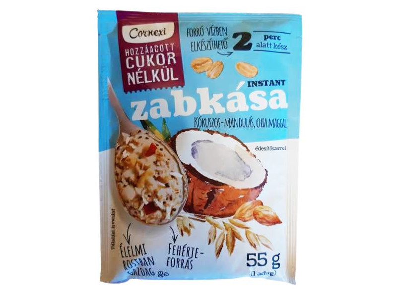 Cornexi Kókuszos-Mandulás Zabkása Chia Maggal Édesítőszerrel, hozzáadott cukor nélkül 55 g