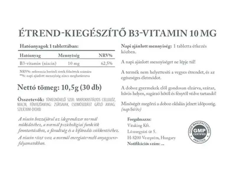 Vitaking Niacin B3-vitamin 10 mg (30db)