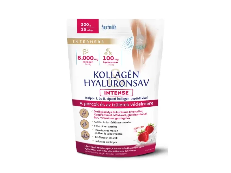 Inhterherb Kollagén & Hyaluronsav Intense Porcépítő Italpor Eperkrém ízű 300 g