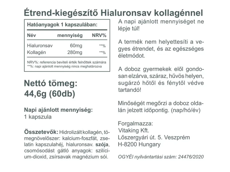 Vitaking Hialuronsav + Kollagén komplex 60db
