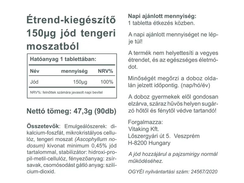 Vitaking Sea Kelp (jód) tengeri moszat tabletta 90 db