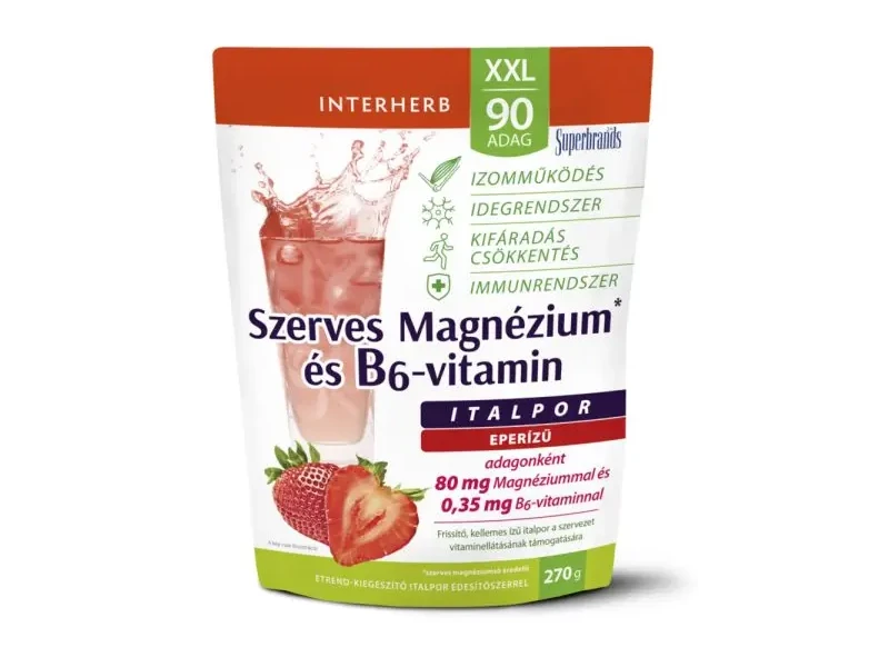 Interherb XXL 90 adag Szerves Magnézium+B6 Eper ízű italpor 270 g