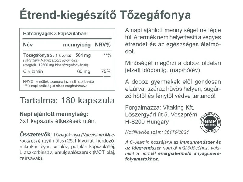 VK Tőzegáfonya C vitaminnal 180 db