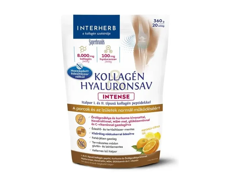 Interherb Kollagén&Hyaluronsav Porcépítő italpor Intense nádcukorral,Narancs ízű 360 g