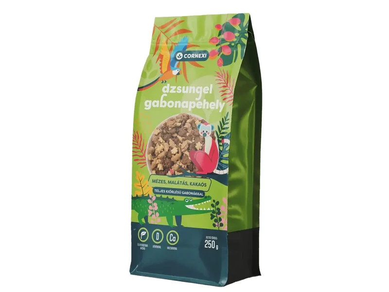 Cornexi Dzsungel mézes, malátás, kakaós gabonapehely teljes kiőrlésű gabonával, kalciummal és D-vitaminnal  250 g