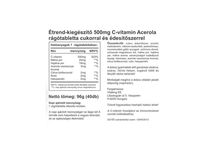 Vitaking Acerola C-500 rágótabletta 40 db édesítővel