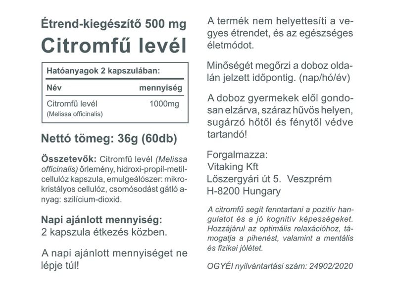 Vitaking Citromfű Lemon Balm 1000 mg 60db