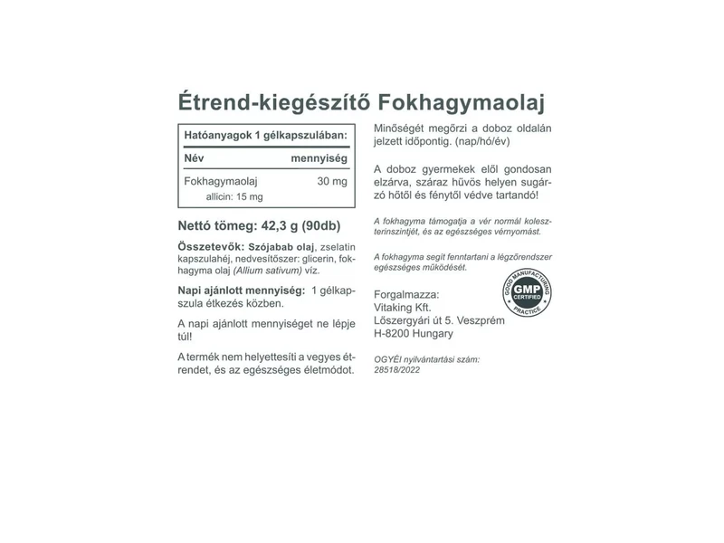 Vitaking Fokhagymaolaj gélkapszula 90db