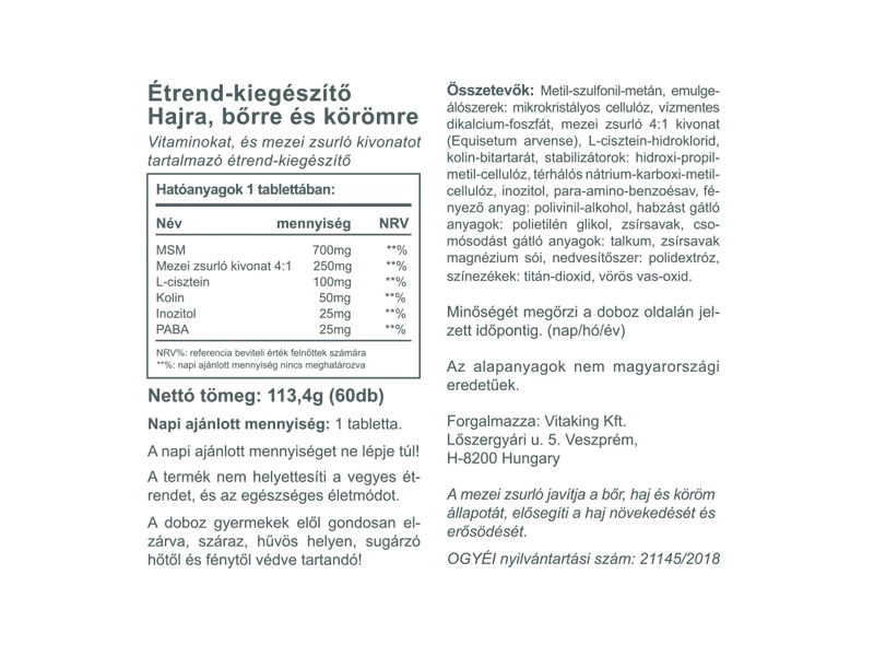 Vitaking Hajra, bőrre és körömre tabletta 60db
