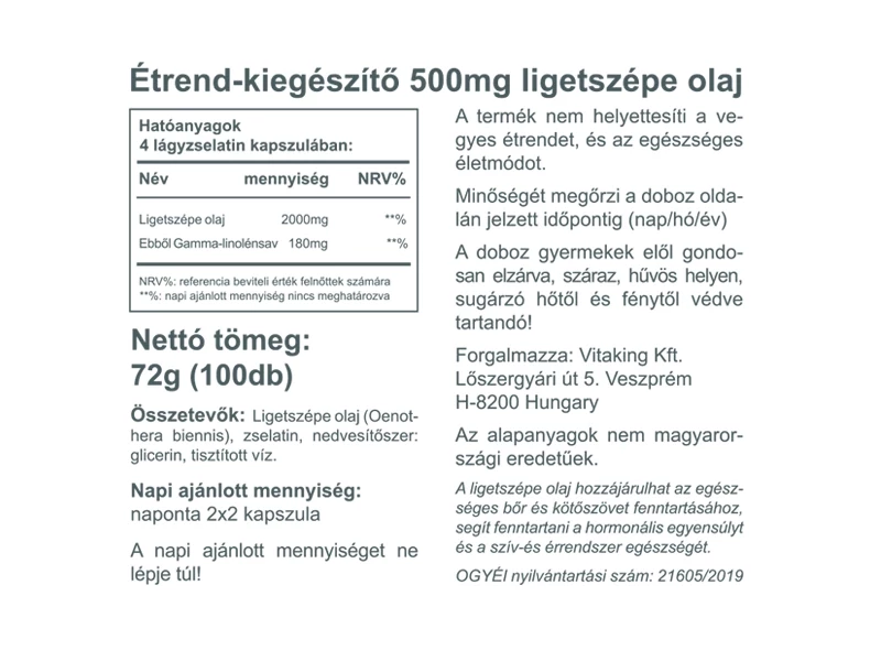 Vitaking Evening Ligetszépe olaj 500mg lágyzselatin kapszula 100db