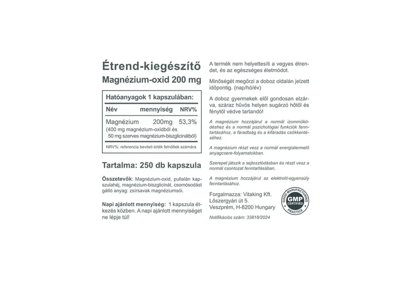 Vitaking Magnézium-oxid 200mg 250db