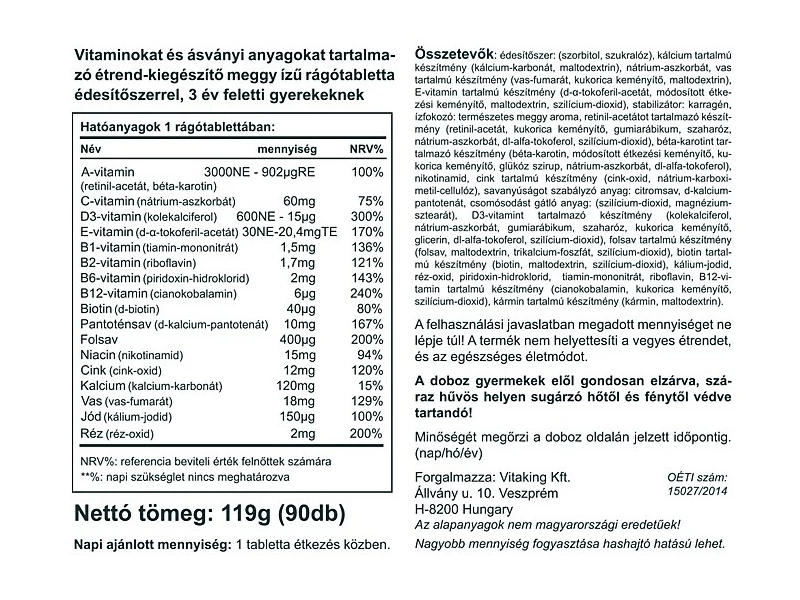 VK Gyerek meggyes rágótabletta 90db