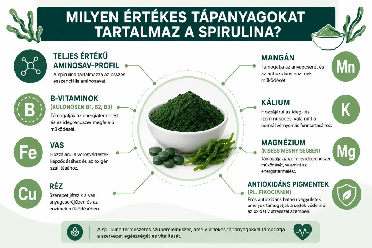 Infografika a spirulina tápanyagtartalmáról