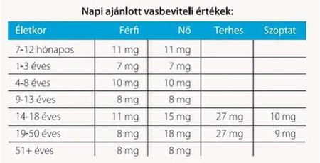 Napi ajánlott vasbeviteli érték Életkor szerint
