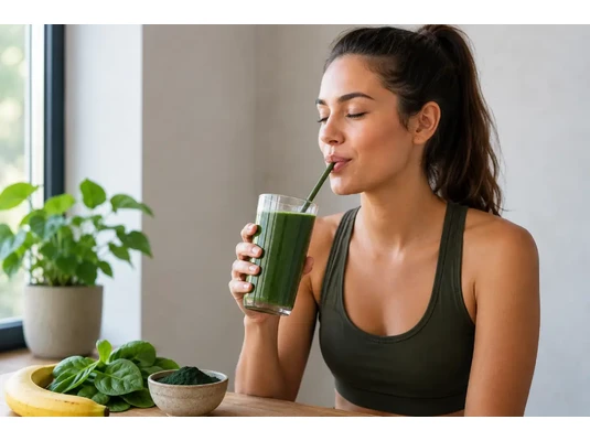 Képleírás: fiatal nő spirulina smoothie-t fogyaszt | Tápanyagokban gazdag, frissítő spirulina smoothie