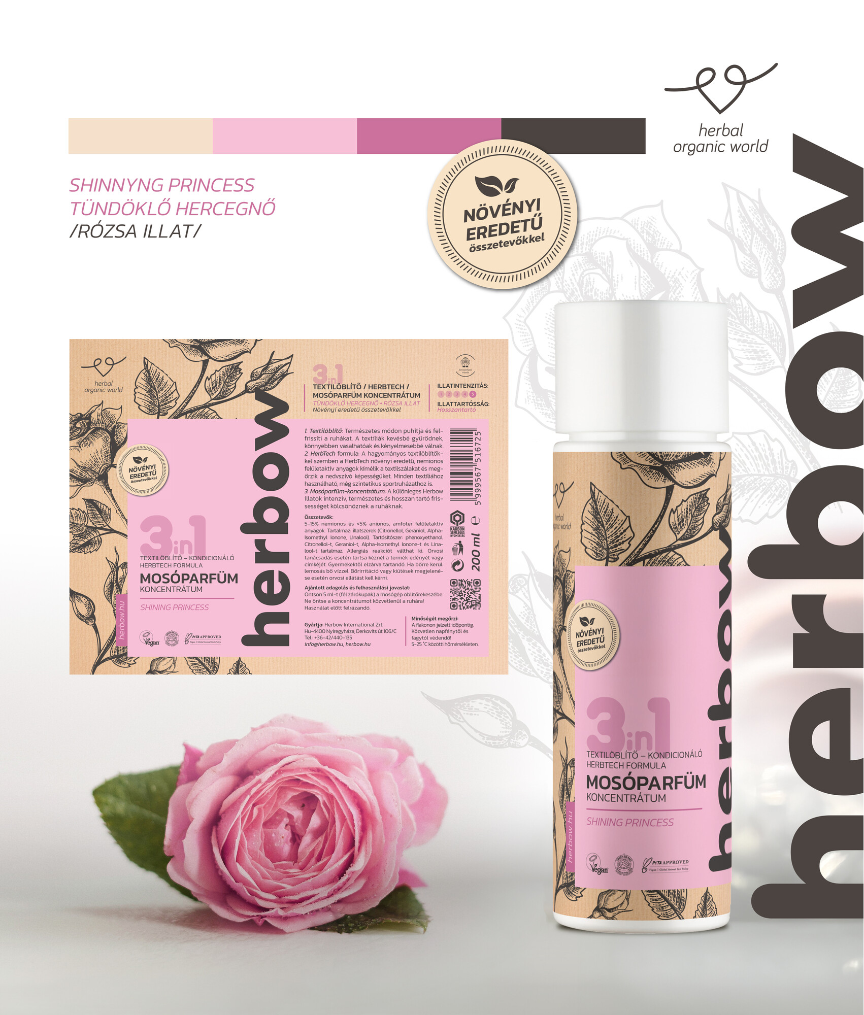 Herbow 3in1 Öblítő és kondicionáló mosóparfüm koncentrátum Tündöklő Hercegnő 200ml 40 mosás