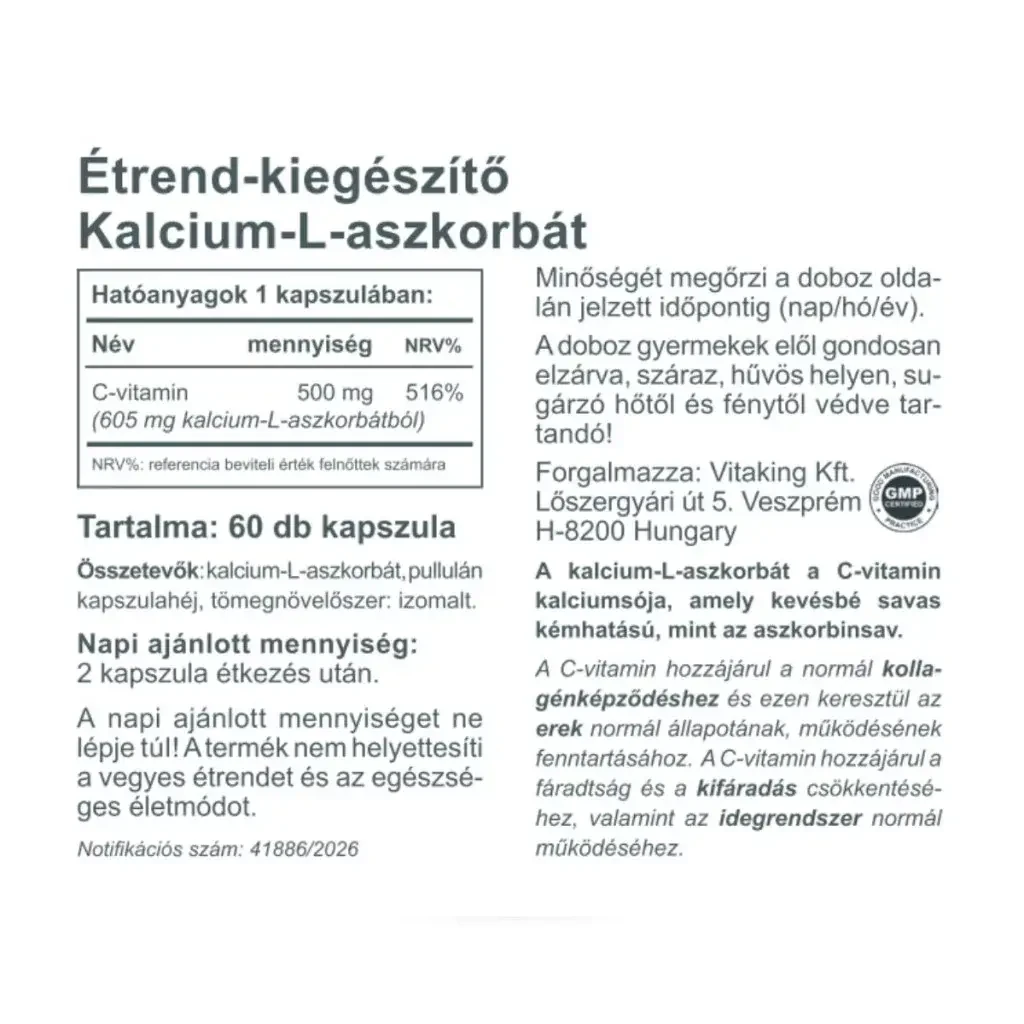 VK C- Vitamin Kalcium - L - Aszkorbát 500 mg 60 db Kapszula