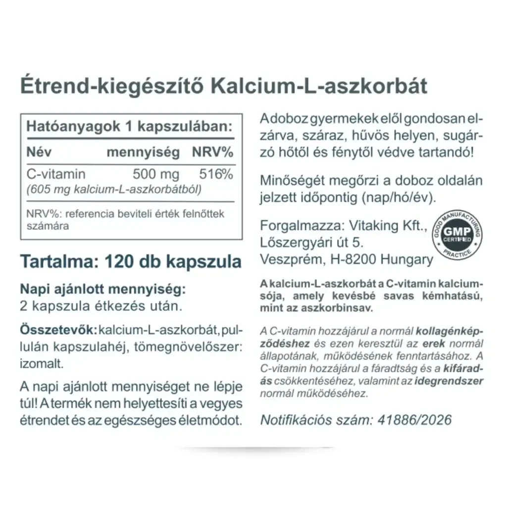 VK C- Vitamin Kalcium - L - Aszkorbát 500 mg 120 db Kapszula