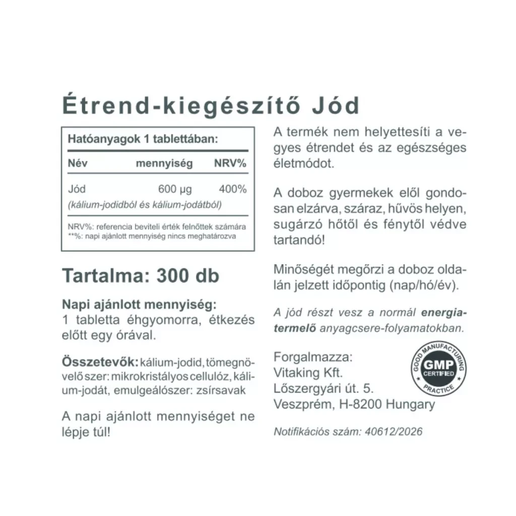 Vitaking Jódharmónia 600 mcg 300db.
