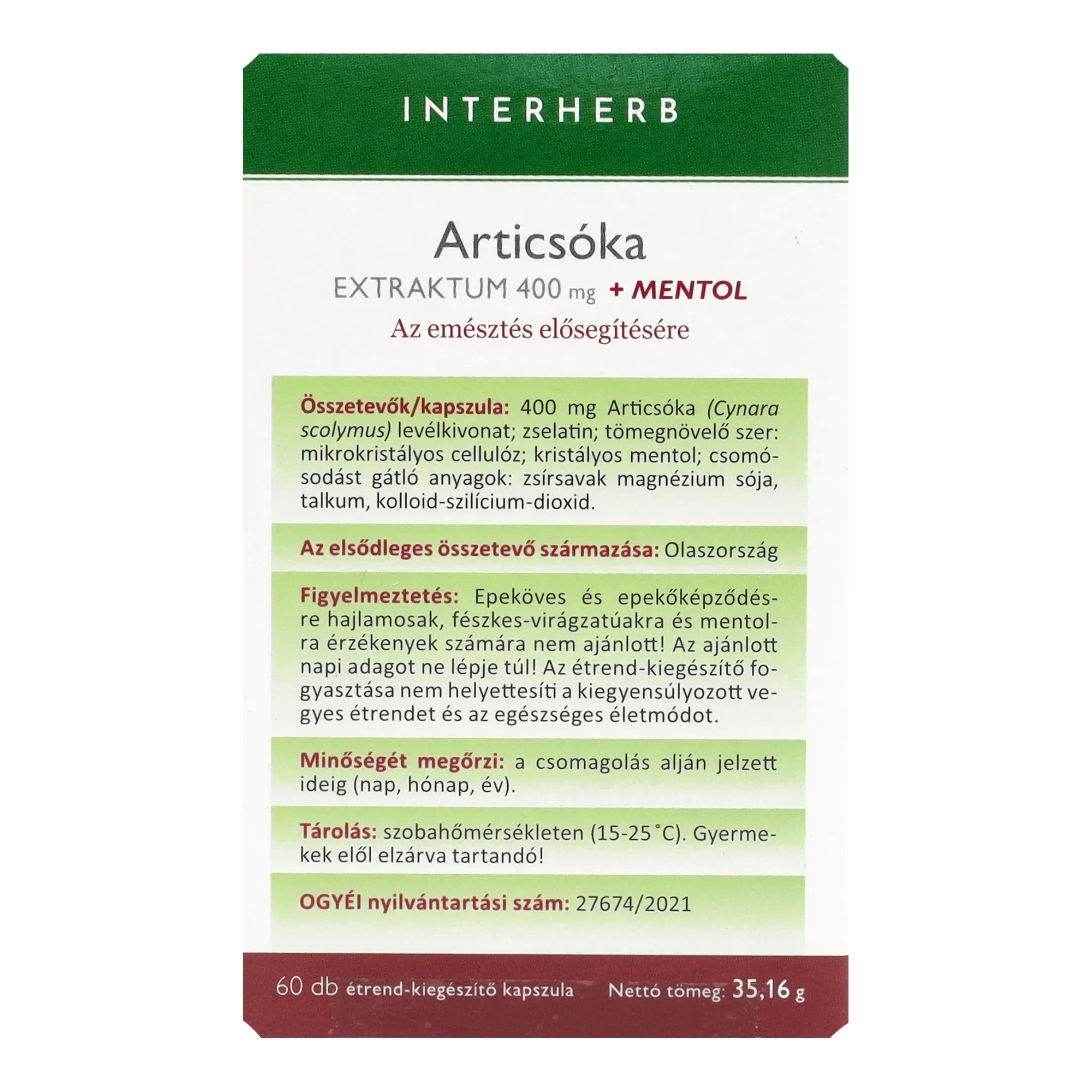 Interherb NAPI1 Articsóka Extraktum + Mentol 400mg 60db