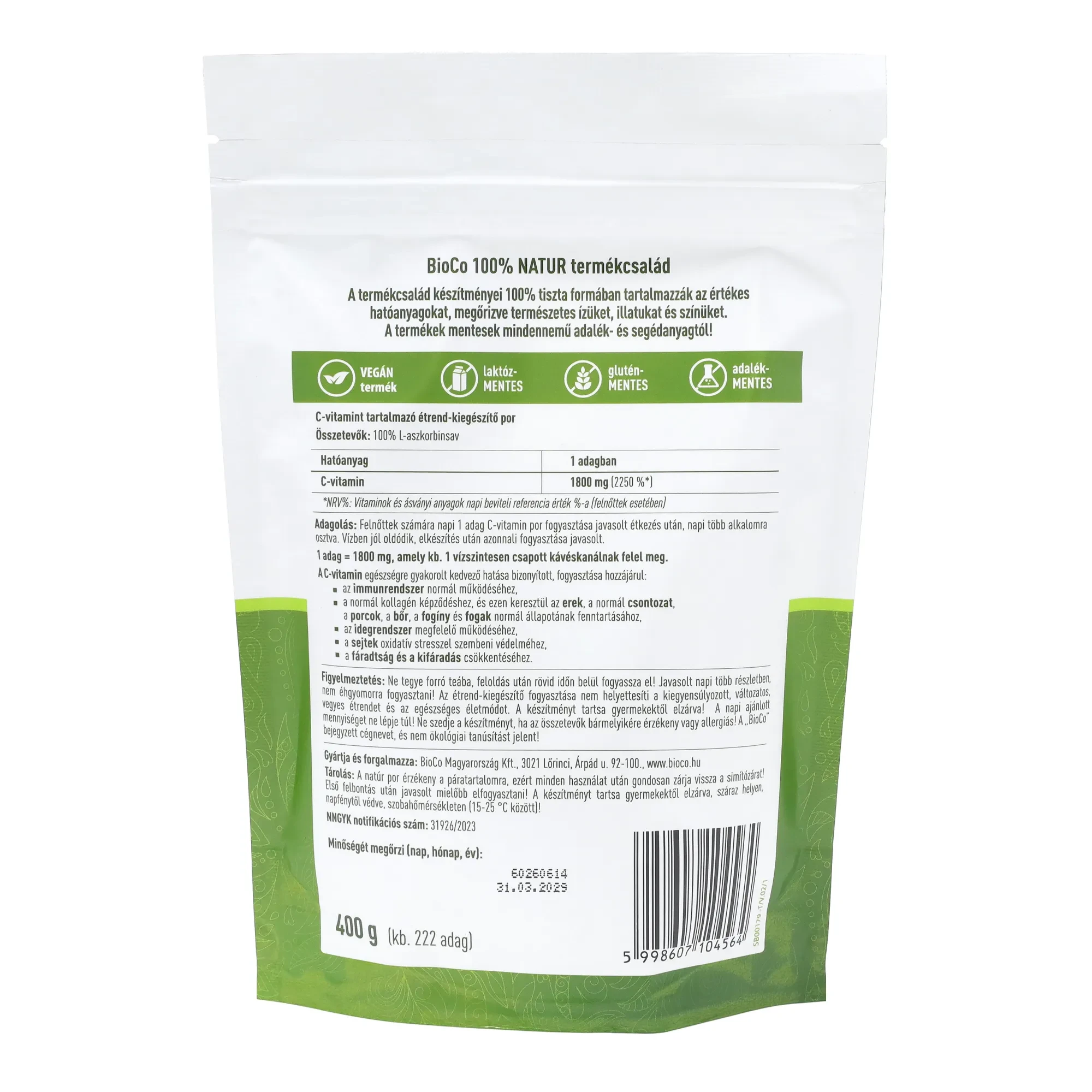 BioCo 100% NATUR C-vitamin Ascorbic acid tasakos por 400g