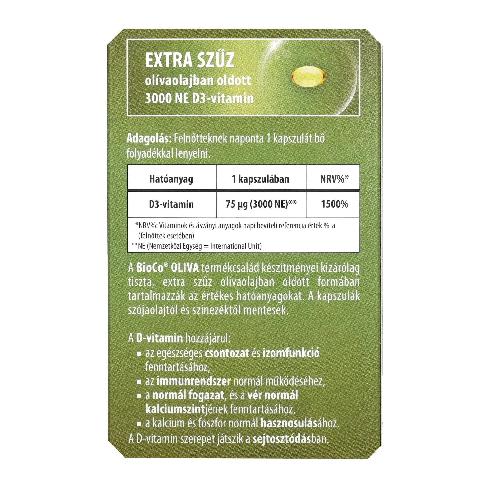 BioCo OLIVA D3-vitamin 3000 NE lágyzselatin kapszula 60 db
