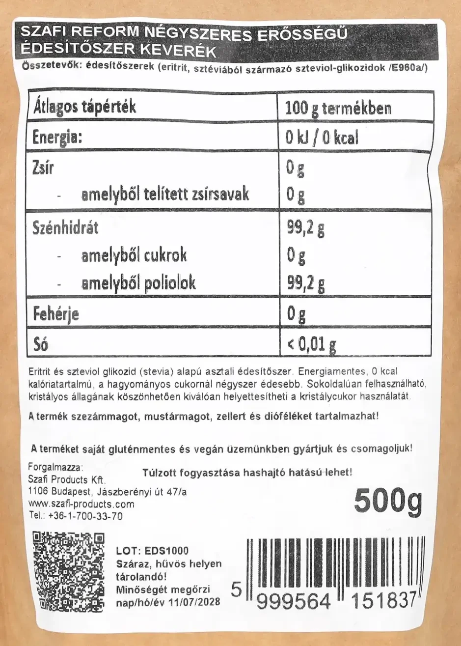 Szafi Reform paleo négyszeres erősségű cukorhelyettesítő eritrit+stevia 500g