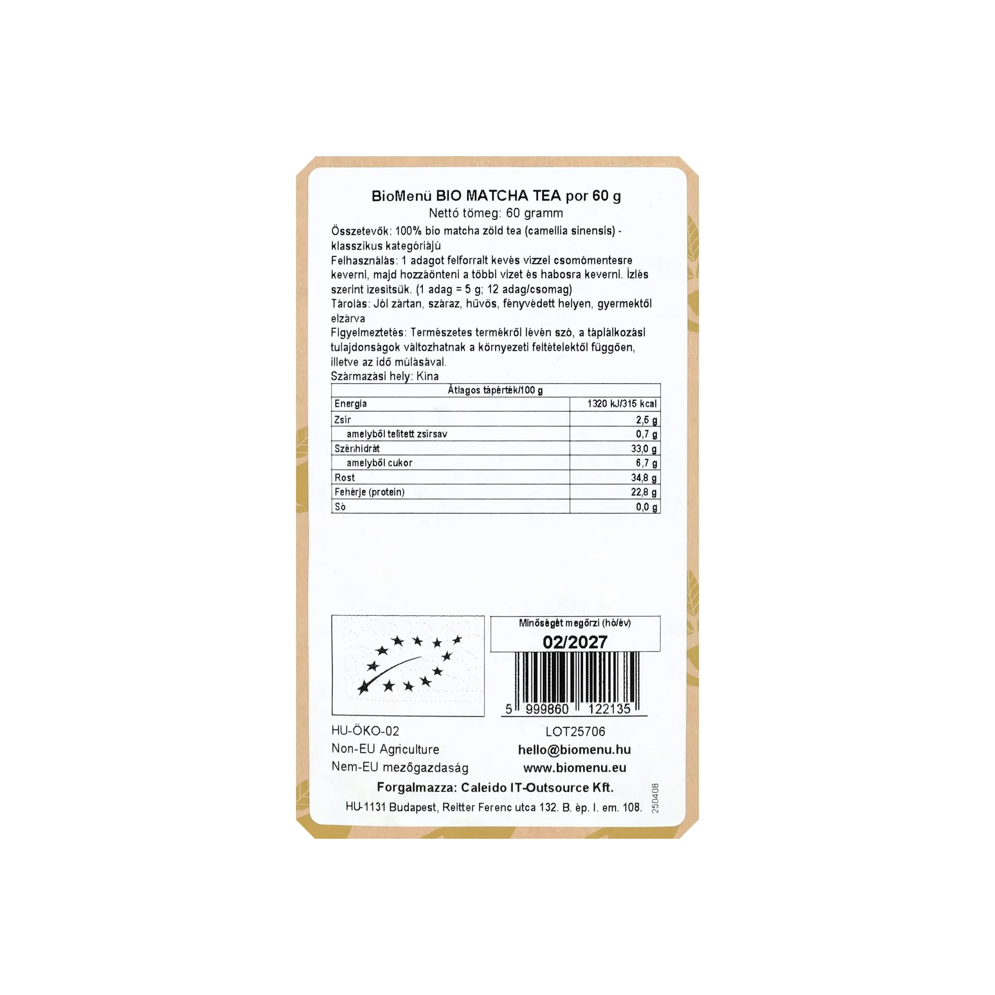 BioMenü BIO MATCHA TEA por 60 g