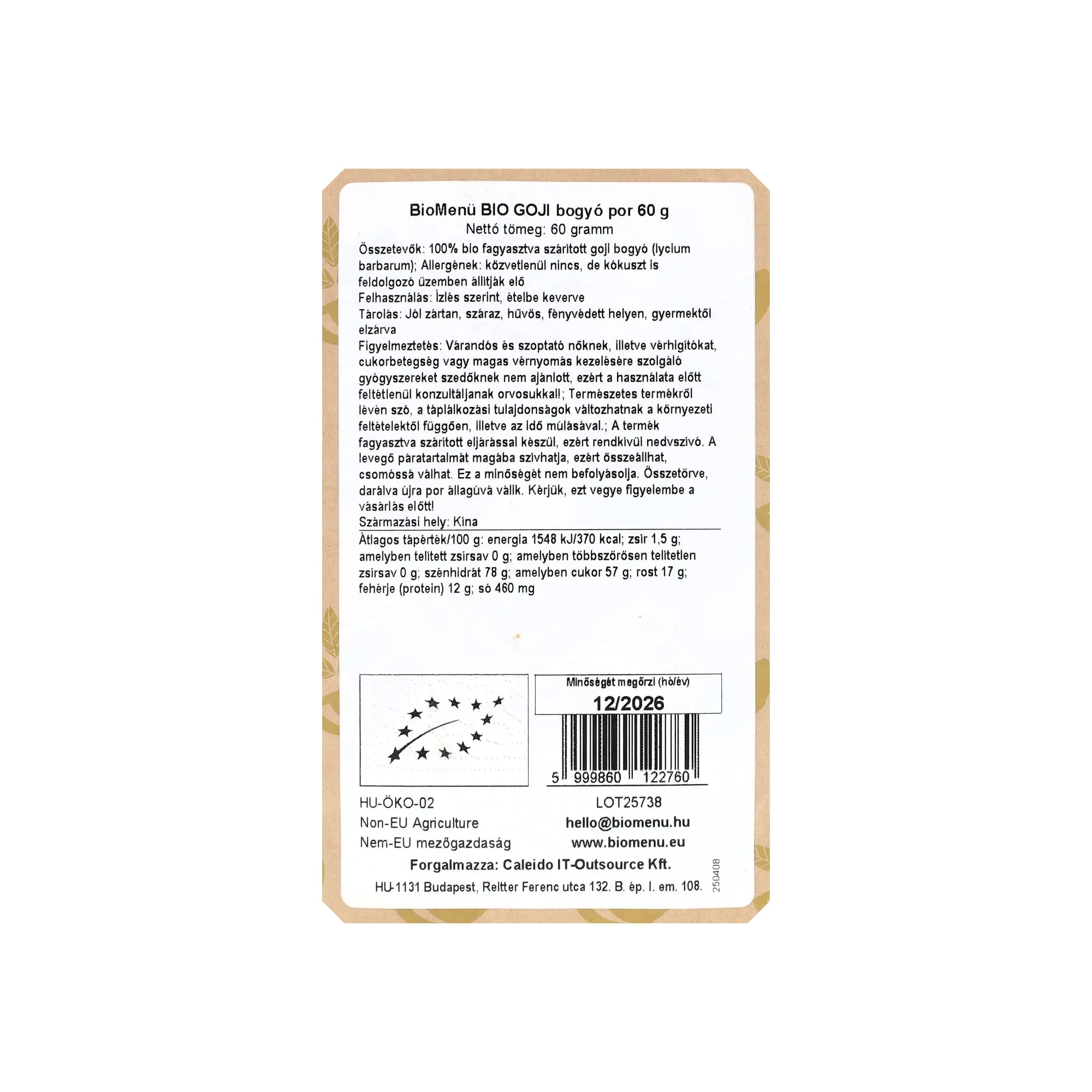 BioMenü BIO GOJI bogyó por 60 g