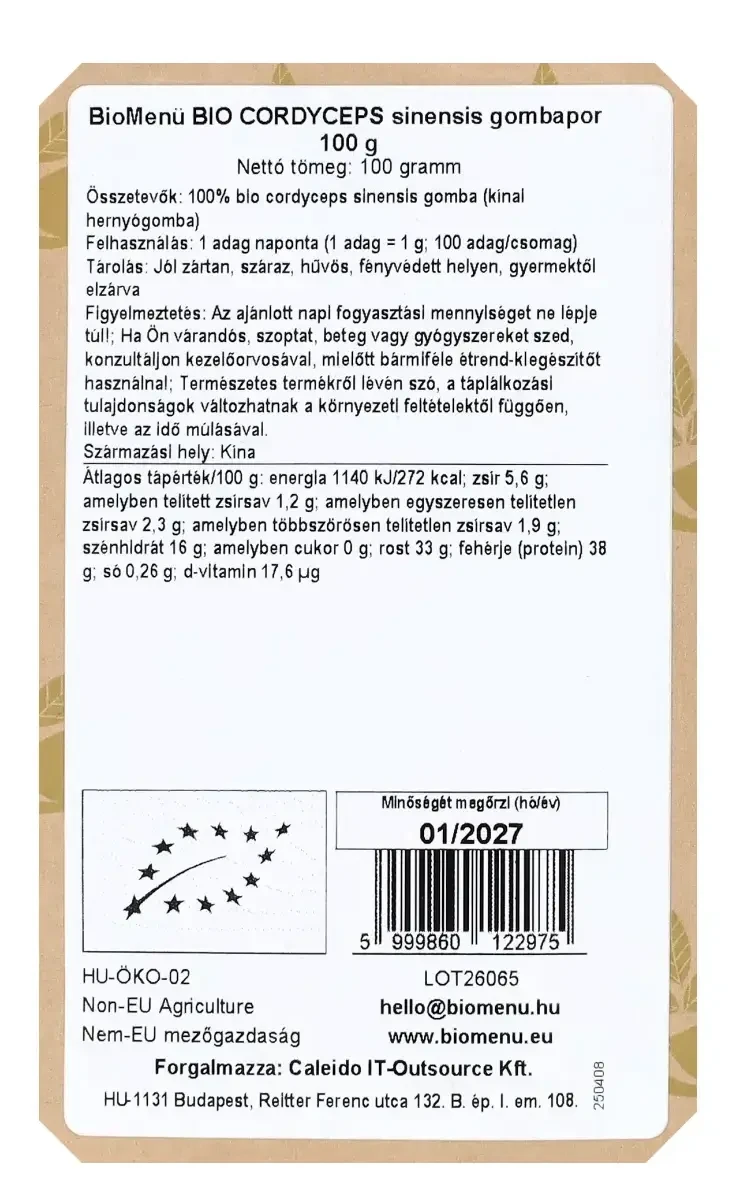 BioMenü BIO CORDYCEPS sinensis gombapor 100 g